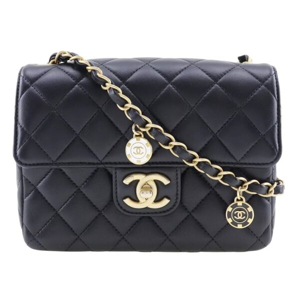 CHANEL Matelasse Shoulder Bag ChainShoulder COCO Mark charm black Calfskin... - Picture 1 of 10